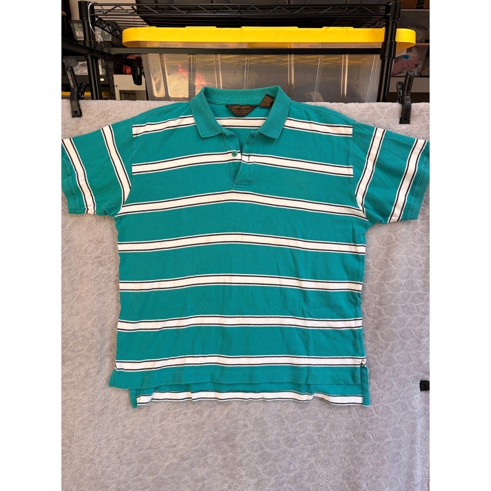 Lot of 2 Eddie Bauer Mens Vintage Polo Shirts Teal White Striped Cotton Large